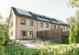 Neubau Reihenhaus Mainz 128 mit vier Wohneinheiten Gartenansicht mit Terrasse und großen Fenstern